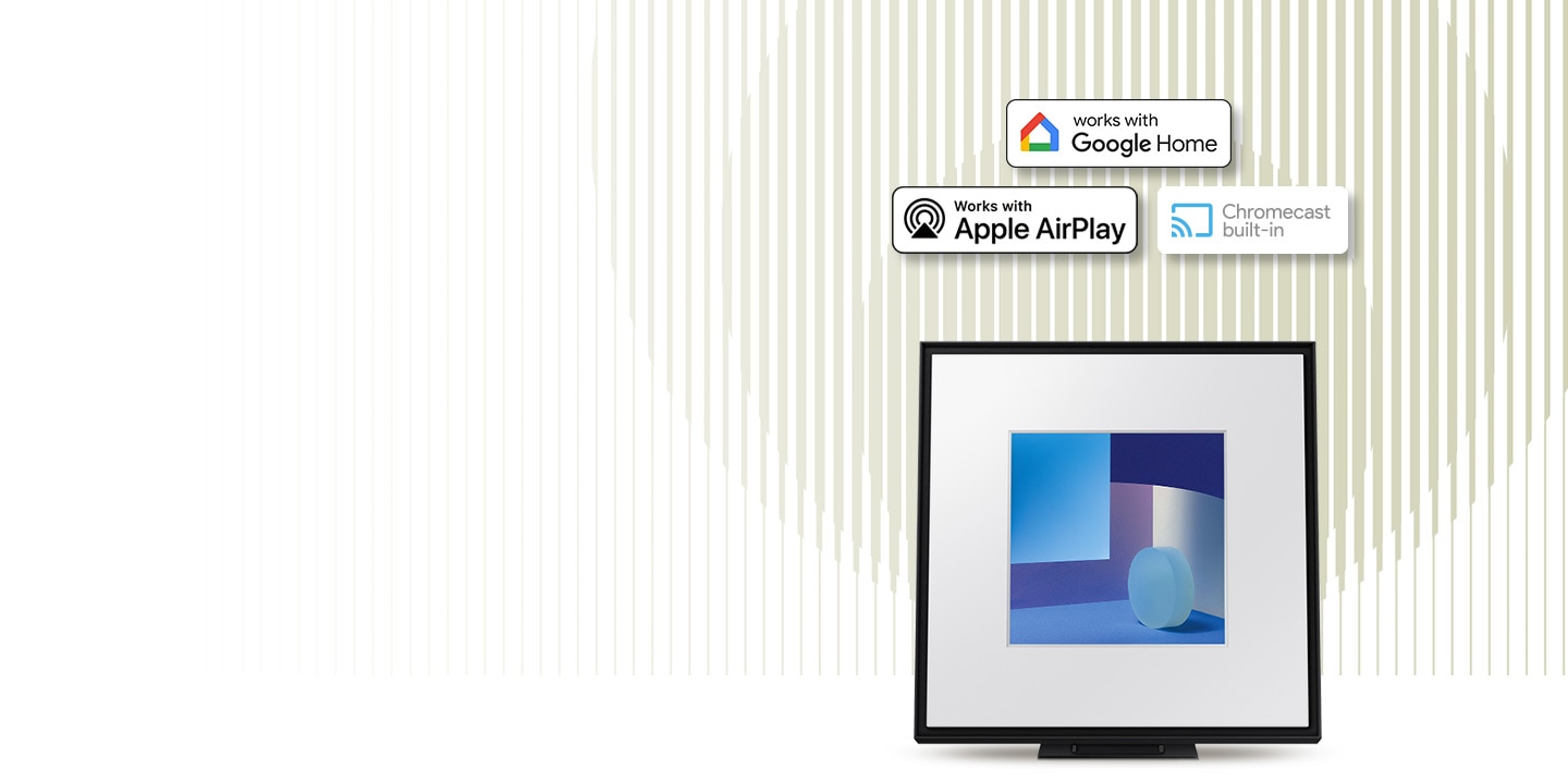 Music Frame is accompanied by the logos for Works with Google Home, Works with Apple AirPlay and Chromecast built-in.