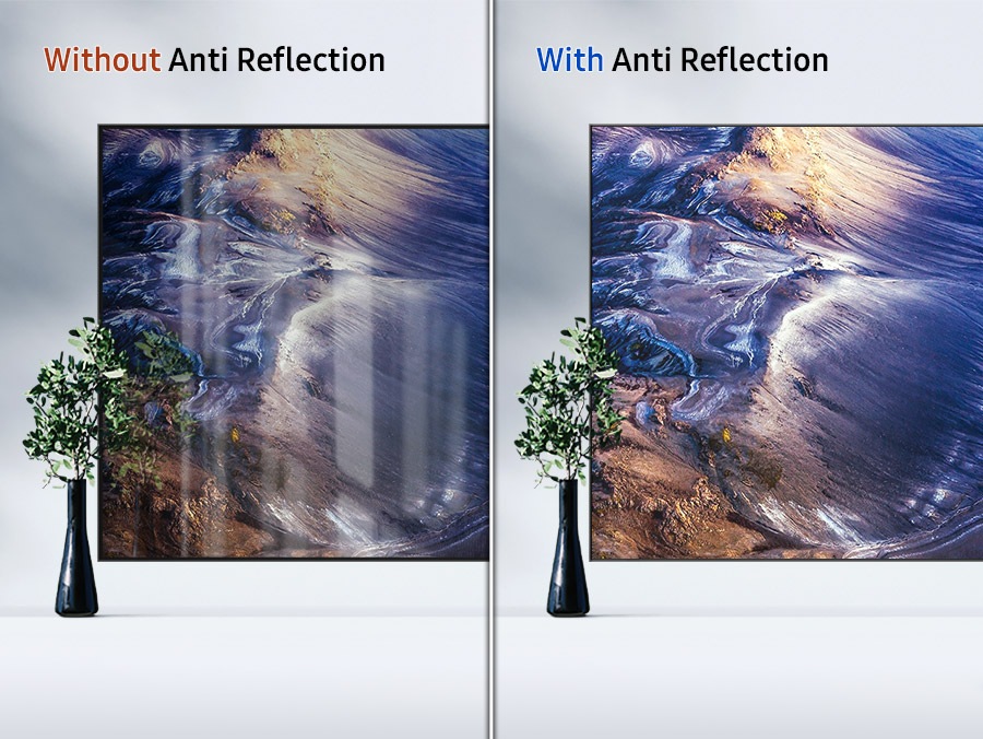 A comparison of two TV screens. The TV labeled "Without Anti Reflection" reflects lights that blur the nature scene on screen. The TV labeled "With Anti Reflection" shows the same nature scene in clarity without distracting reflections.