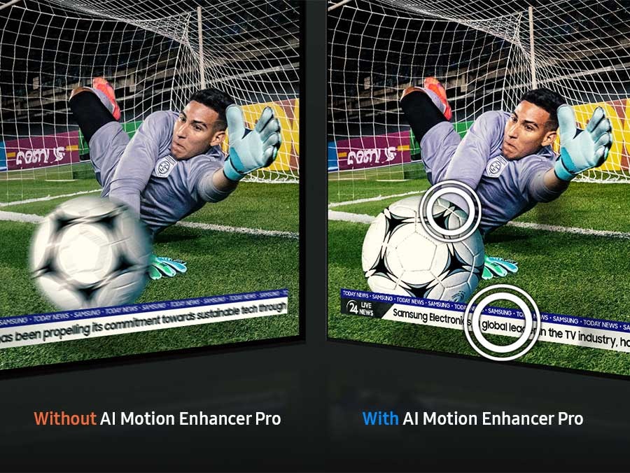 A goalie catches a soccer ball. Without AI Motion Enhancer Pro, the  ball and text is blurry. With AI Motion Enhancer Pro, they're clear.