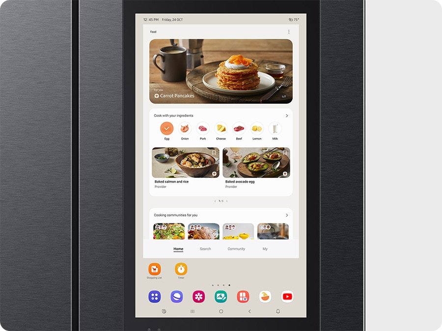 Shows SmartThings app on the Family Hub screen in the refrigerator. You can check out various recipes.