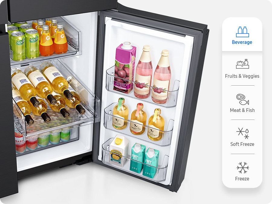 The CoolSelect+ has five modes: Beverages, Fruits & Veggies, Meat & Fish, Soft Freeze, and Freeze. Beverage mode is selected, the shelves filled with beverages.