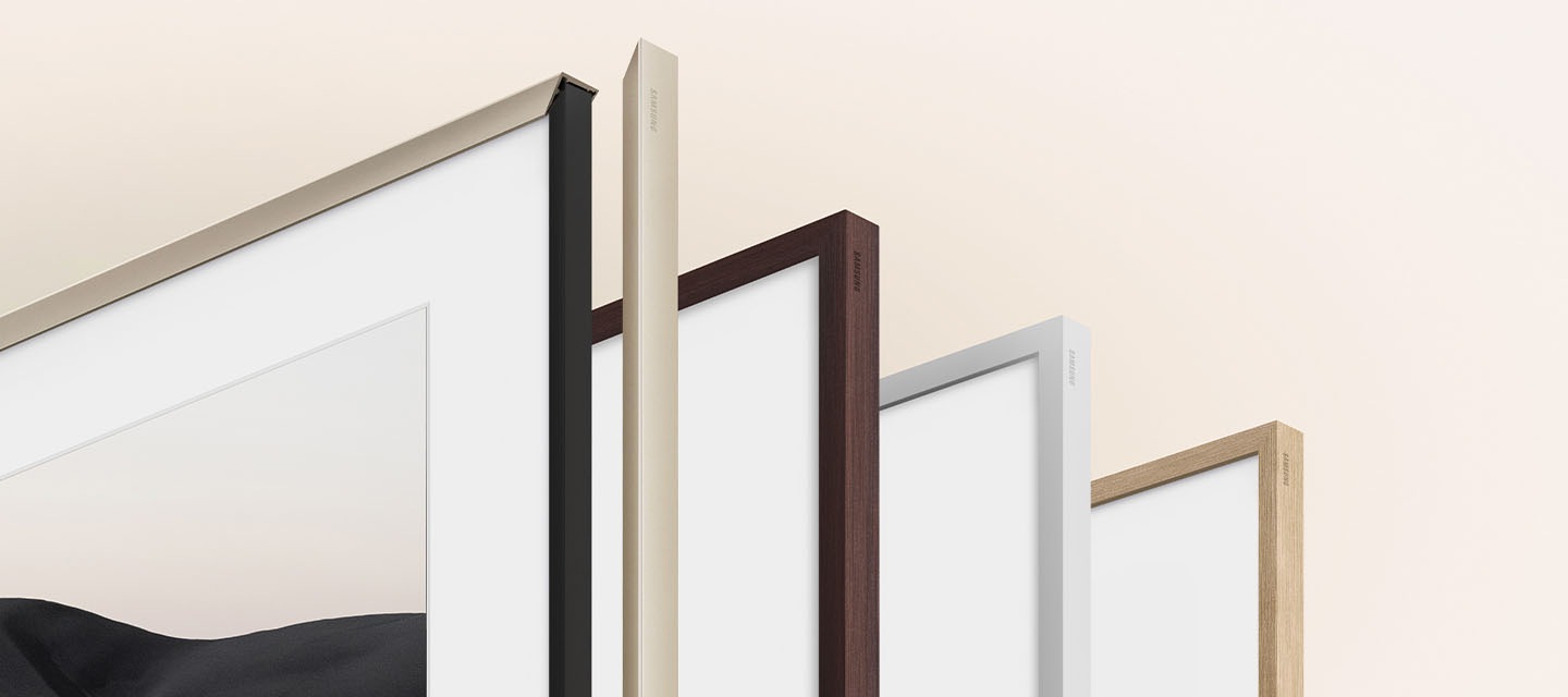 A variety of The Frame's customizable bezels in different colours are displayed.