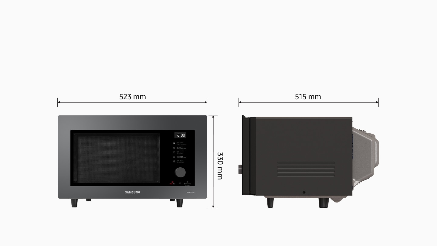 Shows the front and side of the microwave oven to illustrate how to measure its size. Its dimensions are: height = 330mm, width = 523mm, depth = 515mm.