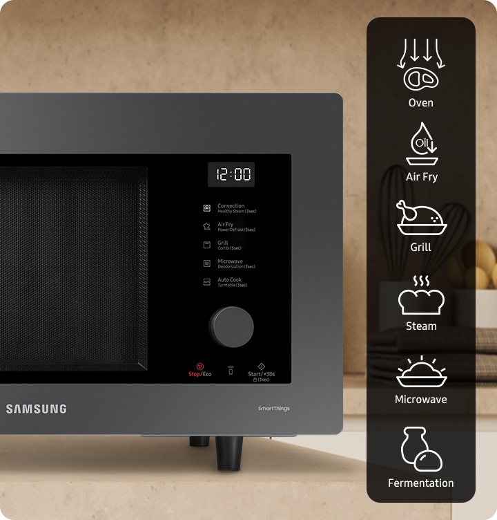 All-in-one Microwave can oven cook, air fry with oil, grill, steam, microwave and fermentation. These features are shown in icons.