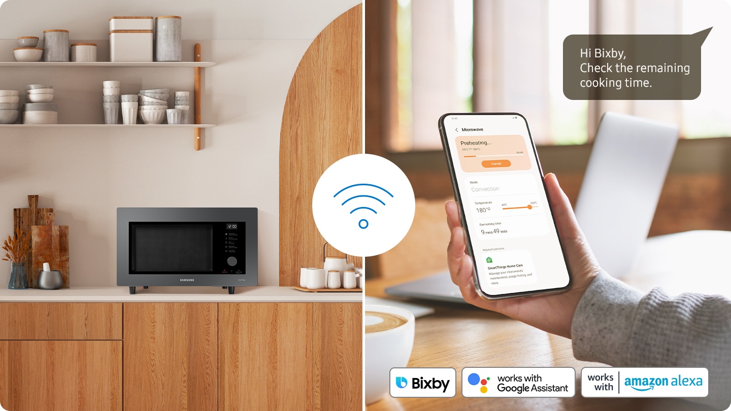 A person is using the SmartThings App and controlling the microwave with voice assistant such as Samsung Bixby, works with Google Assistant and works with Amazon Alexa via wifi. This user says, “Hi Bixby, Check the remaining cooking time.”