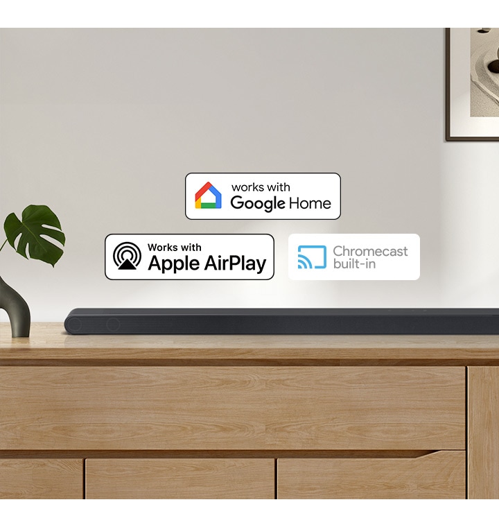 A Samsung Soundbar is accompanied by logos for Works with Google Home, Works with Apple AirPlay and Chromecast built-in.