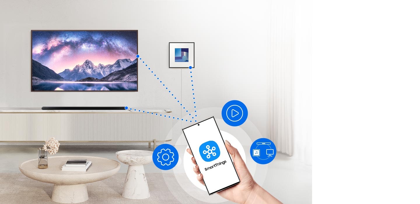 A phone has a SmartThings logo on screen. UI icons hover nearby. Dotted lines connect the phone to a TV and sound devices.