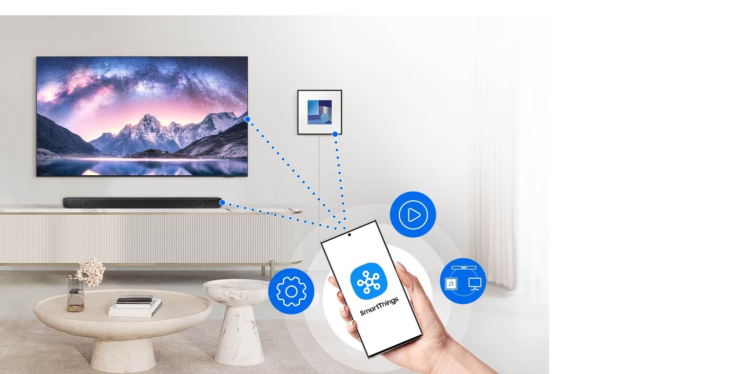 A phone has a SmartThings logo on screen. UI icons hover nearby. Dotted lines connect the phone to a TV and sound devices.