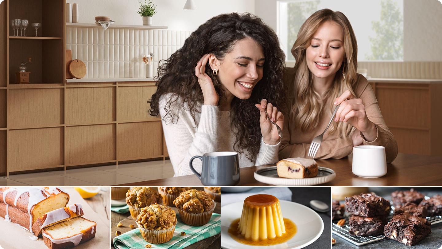 Two women are eating pound cake in a kitchen. User can make pound cake, banana bread, egg pudding and brownies using the microwave.