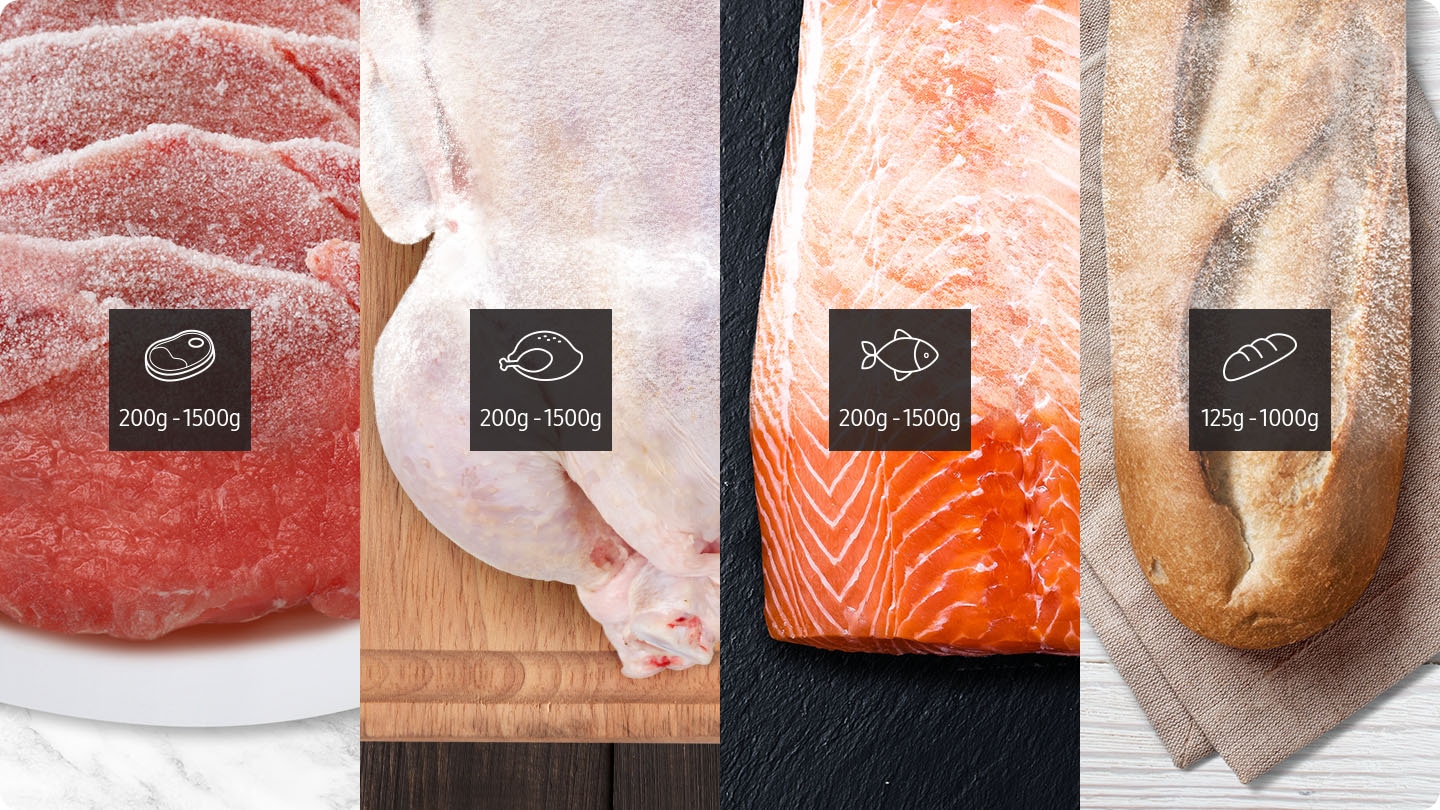 Shows the defrosting weight for 4 common foods: meat = 200g-1500g, poultry = 200g-1500g, fish 200g-1500g and bread = 125g-1000g.