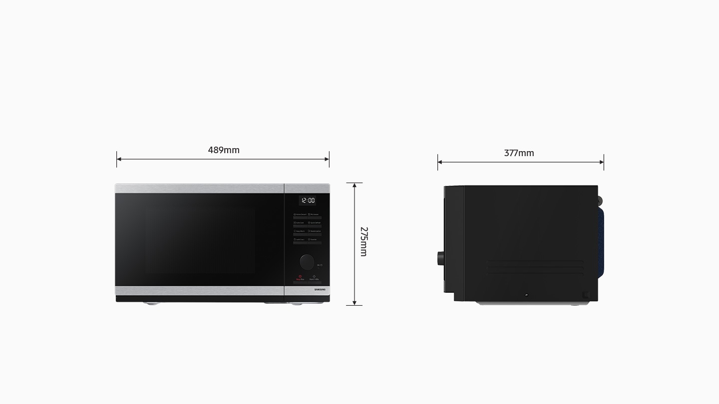 Shows the front and side of the microwave oven to illustrate how to measure its size. Its dimensions are: height = 297.3mm, width = 517mm, depth = 440mm.