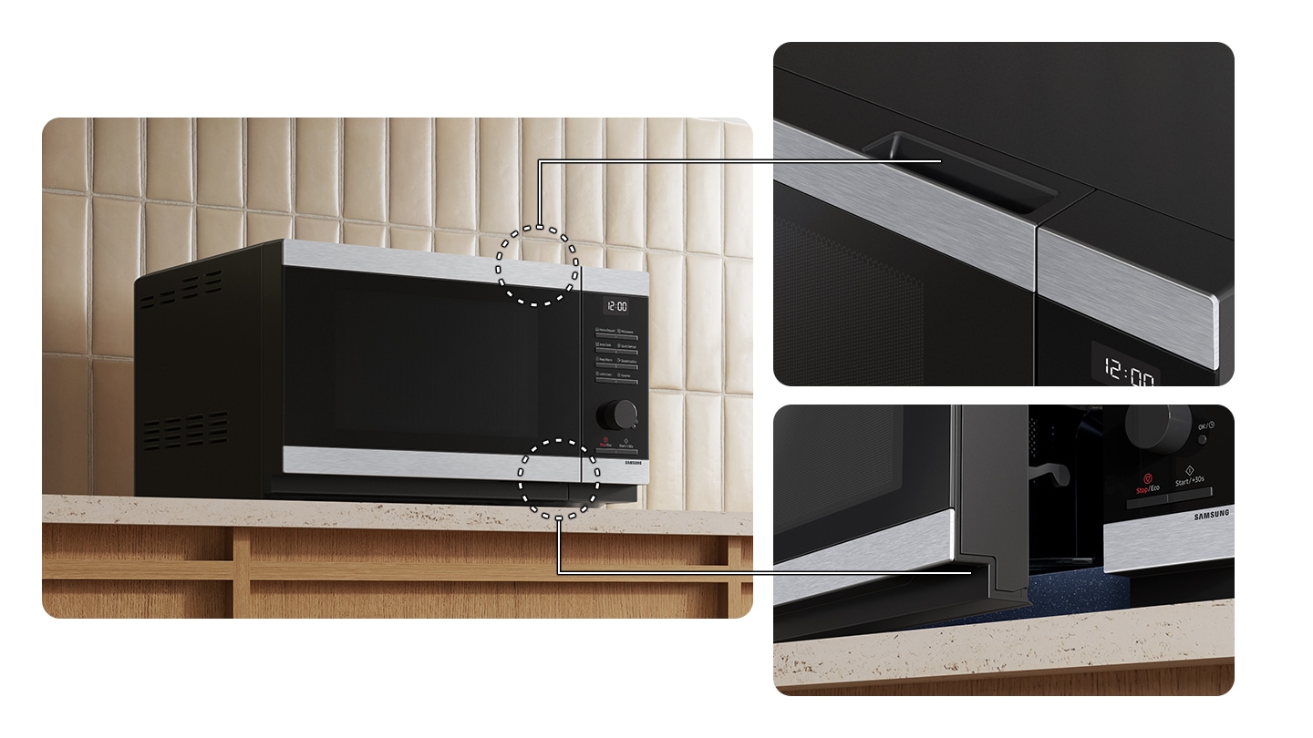 The microwave has seamless and recessed handles. Close-ups show the handles located at the top and bottom of the door.
