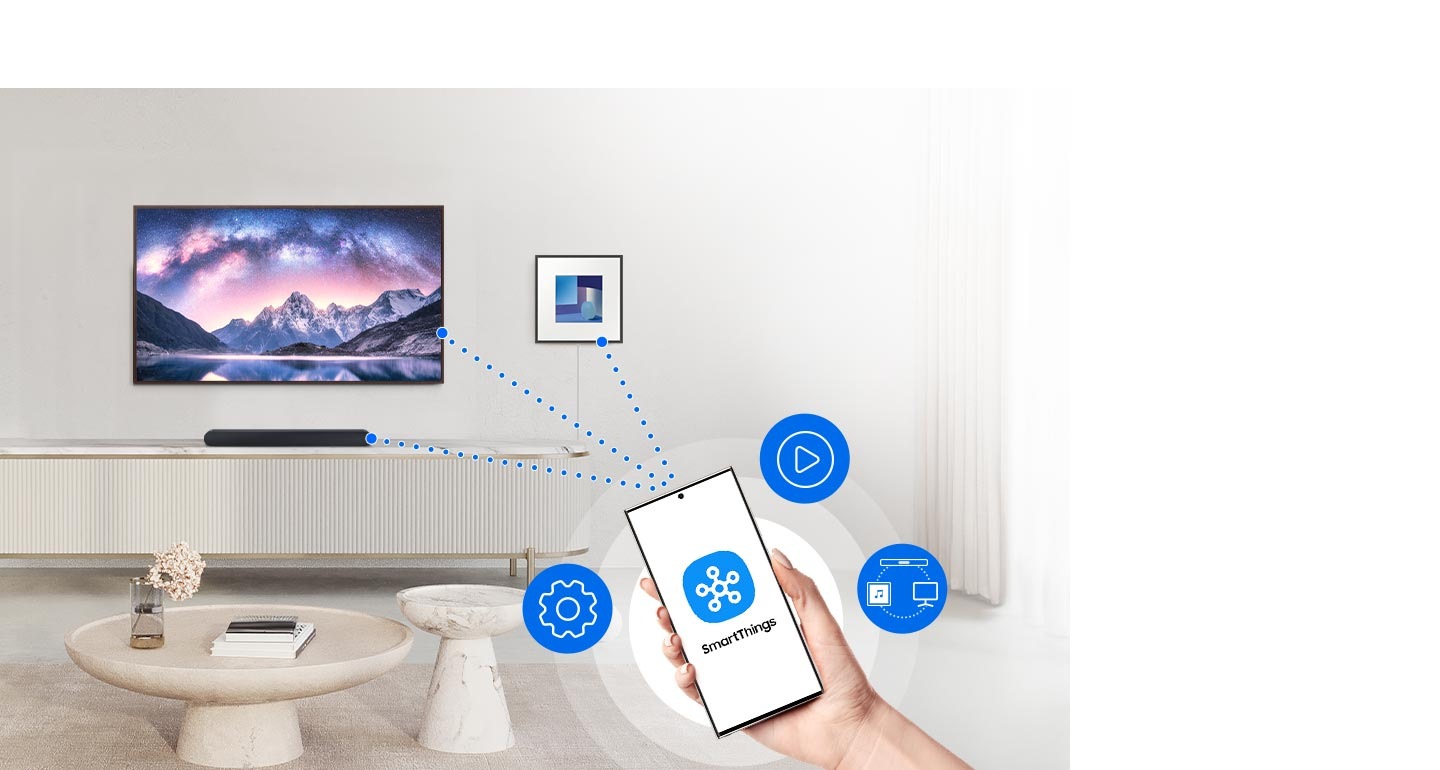 A phone has a SmartThings logo on screen. UI icons hover nearby. Dotted lines connect the phone to a TV and sound devices.