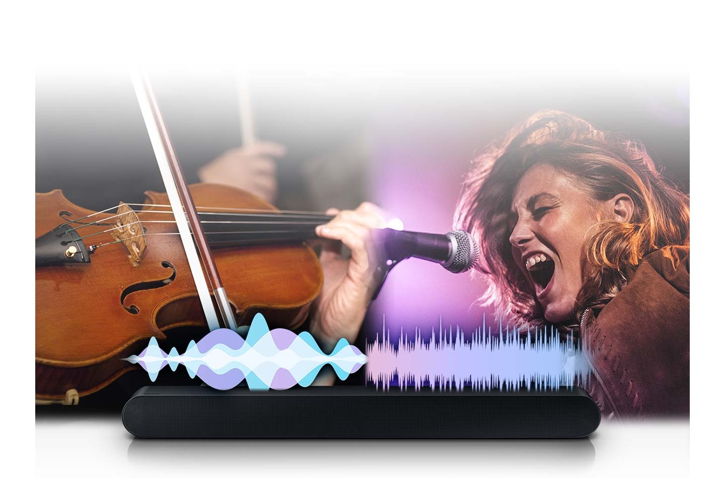 A Soundbar has an audio bar that plays different activity for different music, such as classical violin and a pop singer.