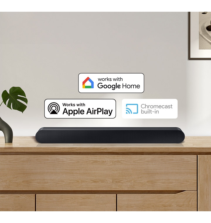 A Samsung Soundbar is accompanied by logos for Works with Google Home, Works with Apple AirPlay and Chromecast built-in.