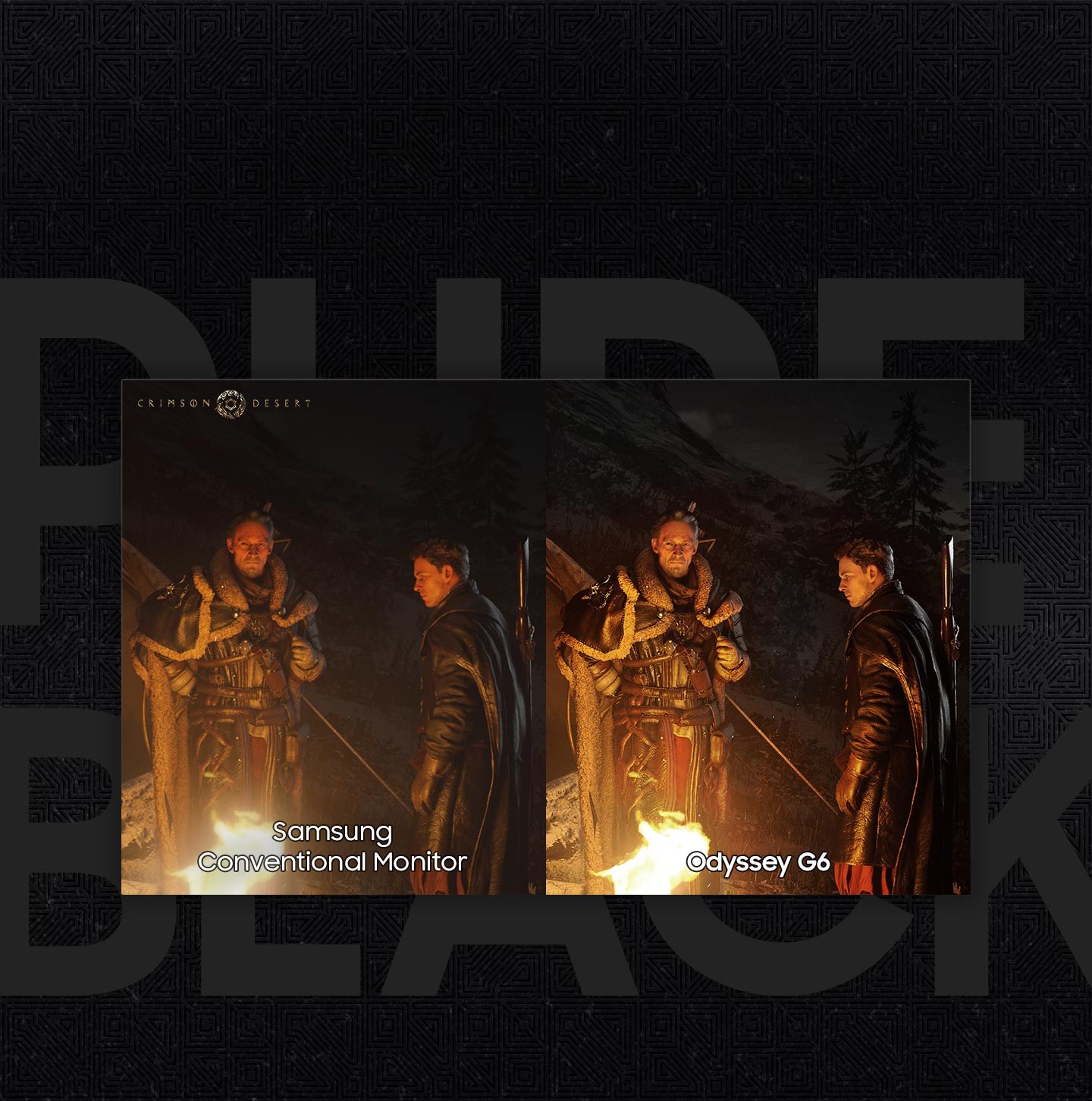 The same image of two men in cloaks around a campfire is shown twice in comparison. On the right, the image labeled "Odyssey G6," the blacks are much darker than the left image labeled "Samsung Conventional Monitor."