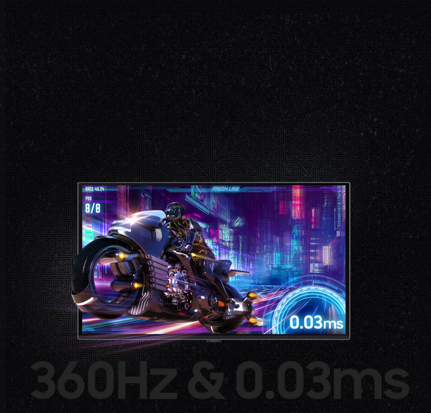 A futuristic motorcycle is coming out of a screen. ON the screen, a refresh rate of .03ms is labeled. Below the screen, it reads "360Hz & 0.03ms".