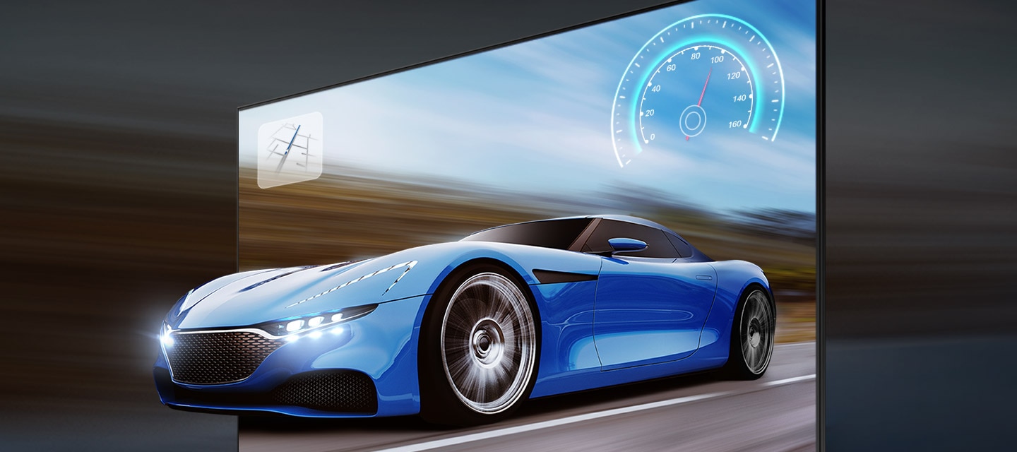 The blue car on the TV screen looks clear and visible on the TV due to motion xcelerator 120hz technology.