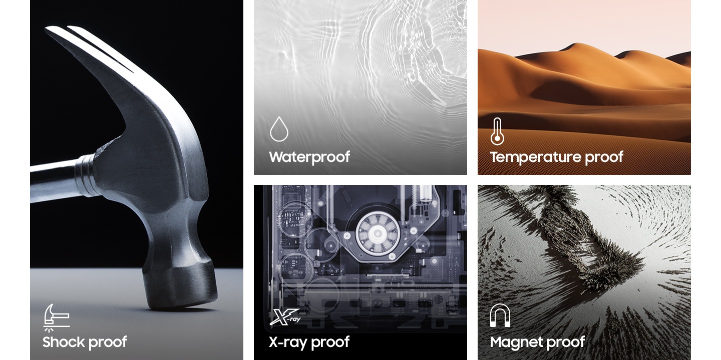 A total of 5 areas are utilized to demonstrate the durability of Type-C&trade;.The first area has a hammer and the words 'Shock proof' written on it.In the second area, 'Warterproof' is written with splashing water.In the third area, 'Temperature proof' is written along with a desert.In the fourth area, 'X-ray proof' is written along with a perspective view.In the fifth and final area, 'Magnet proof' is written along with a magnet.