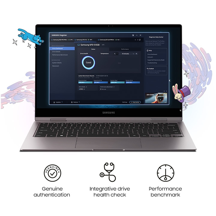 Samsung magician software is running on the PC screen.Below that, the three core functions 'Genuine authentication', 'Integrative drive Health check', and 'Performance benchmark' are indicated in text and icons.