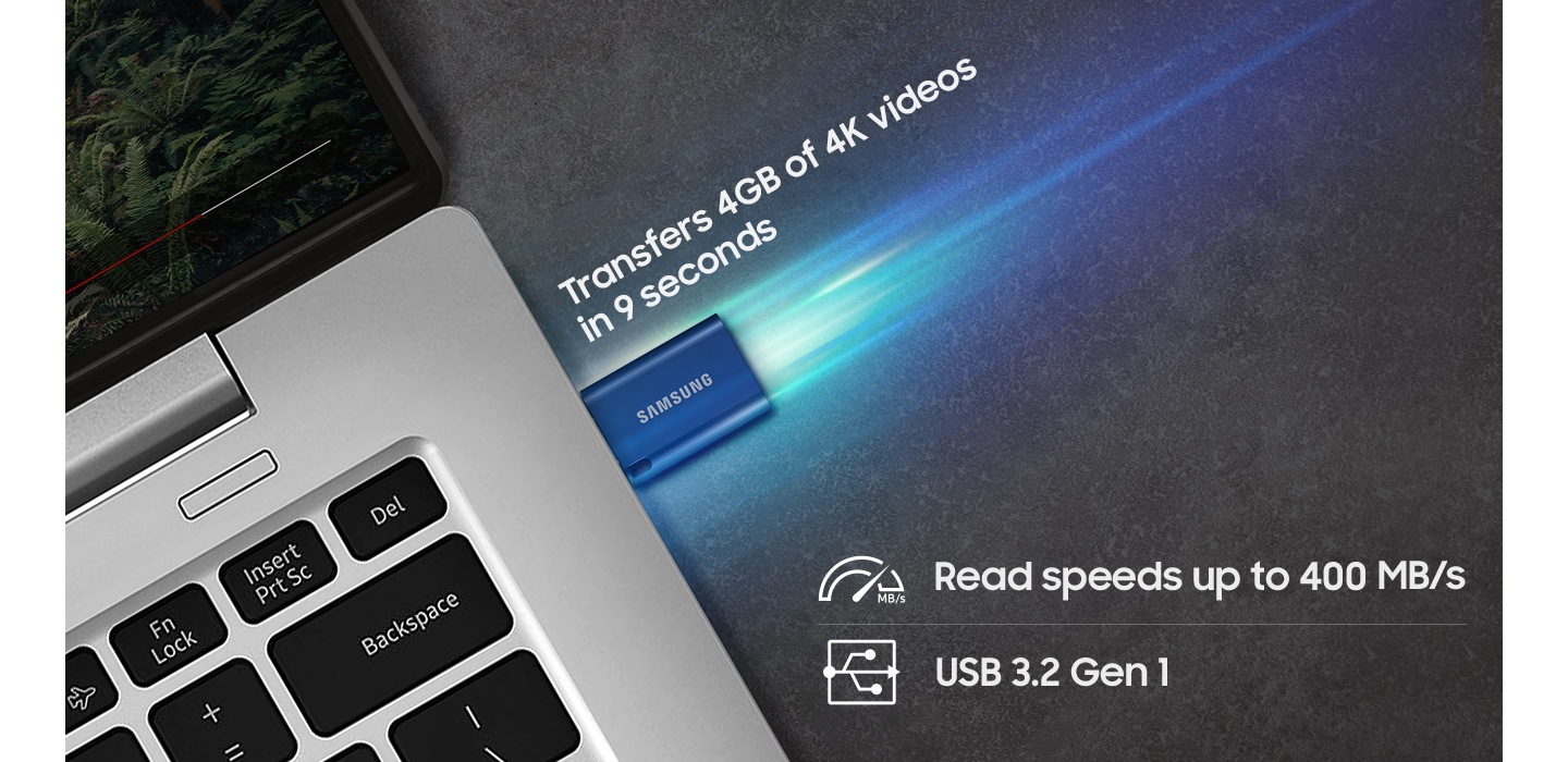 Type-C&trade; is plugged into the laptop, and it says 'Transfers 4GB of 4K videos in 9 seconds'.Below it, it says 'Read speeds up to 400 MB/s' and 'USB 3.2 Gen1'.