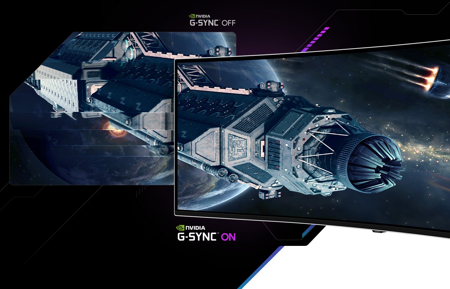 A space docking station is shown in front of a planet on two screens. The spacecraft on the left screen is blurred with the text “NVIDIA G-SYNC OFF” underneath, and the right is sharp and clear with the text “NVIDIA G-SYNC ON” underneath.