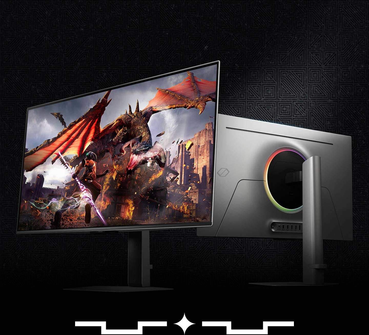 The Odyssey OLED G8 is shown from the front and from the back. On the front, a warrior runs toward a castle being demolished by a dragon. The back of the monitor shows a multicolor ring of lights.