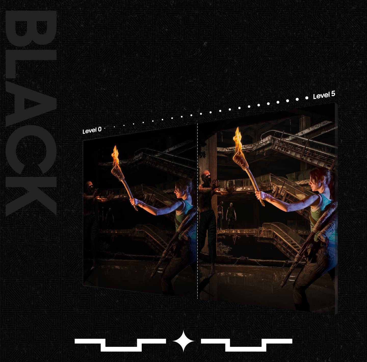 The same scene of a woman holding a torch in an underground crypt is shown side by side. The left scene is labeled "Level 0" and is darker than the right scene, labeled "Level 5".