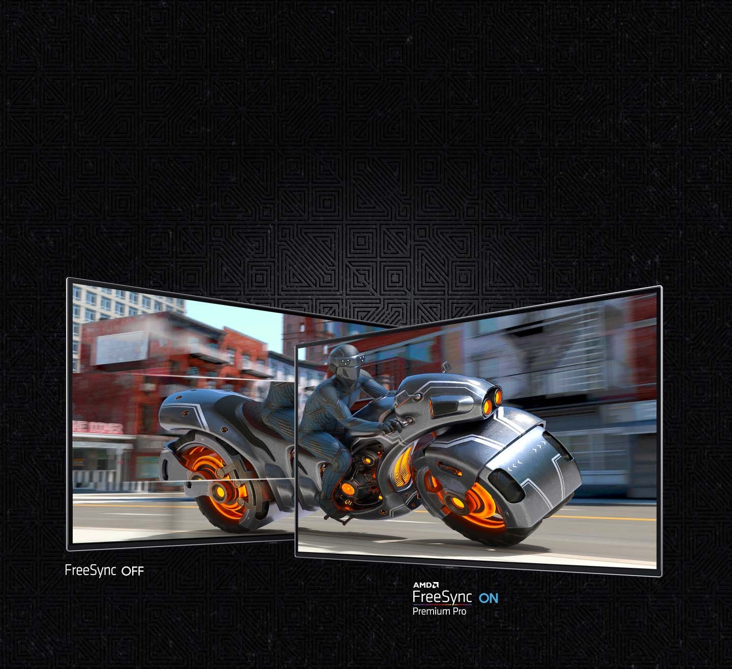 A screen shows a man riding a futuristic motorcycle and it is divided into two sections. The left section, labled "FreeSync OFF" shows the screen stuttering. The right side, labled "AMD FreeSync Premium Pro ON" is clear.