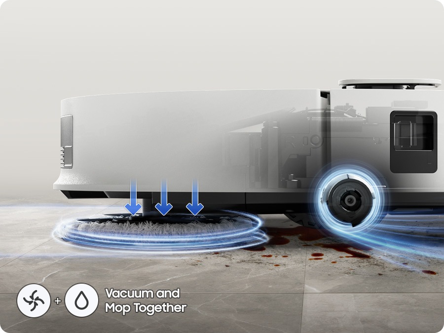 Jet Bot Combo Steam vacuums and mops the floor at the same time. There are icons for vacuum and mop together.