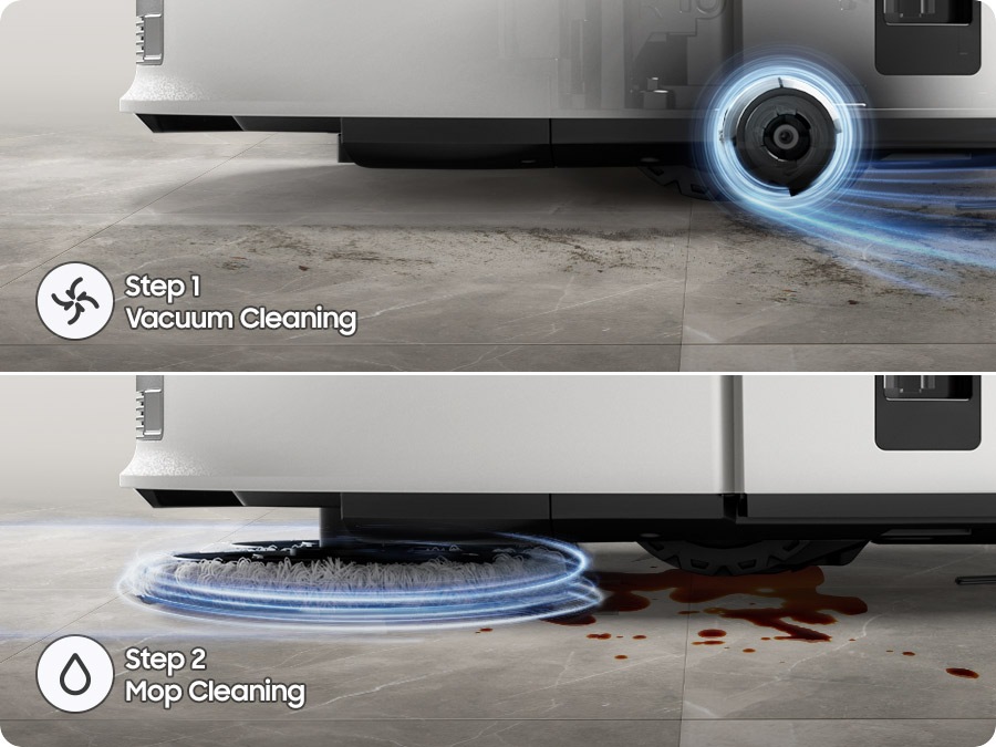 Jet Bot Combo Steam's flexible cleaning mode: step 1 of vacuum cleaning or step 2 of mop cleaning.