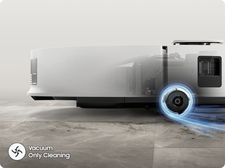 There is a close-up of the Jet Bot Combo Steam cleaning the floor in Vacuum Only Cleaning mode.