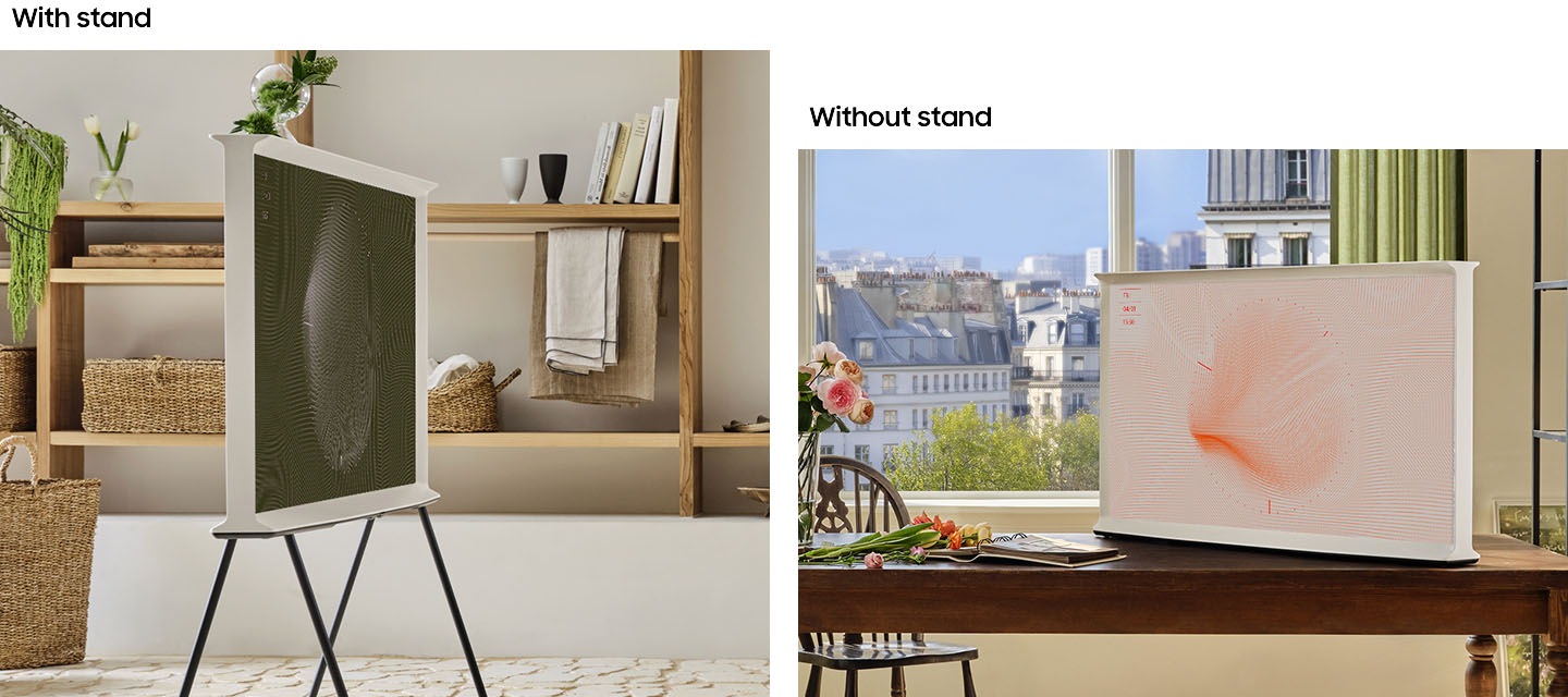 The Serif TV is shown in different positions With stand and Without stand in two different locations.