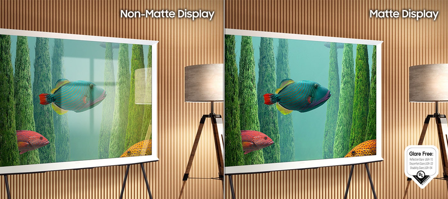 The left side of the screen with the word Samsung's 'Non-Matte Display' shows The Serif displaying an artwork full of reflections. The right side of the screen with the words 'Matte Display' shows The Serif with the same painting that has no glare. A glare-free certified logo that Reflection Glare UGR < 10 Discomfort Glare UGR < 22 Disability Glare UGR < 34 from UL verified is under right side.
