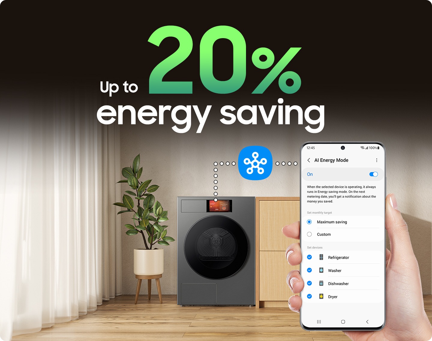 A person use AI Energy mode for dryer via SmartThings app. AI ​​Energy Mode is activated by checking the mode button to 'On' and selecting the device you want to run. AI Energy mode does energy saving up to 20%.