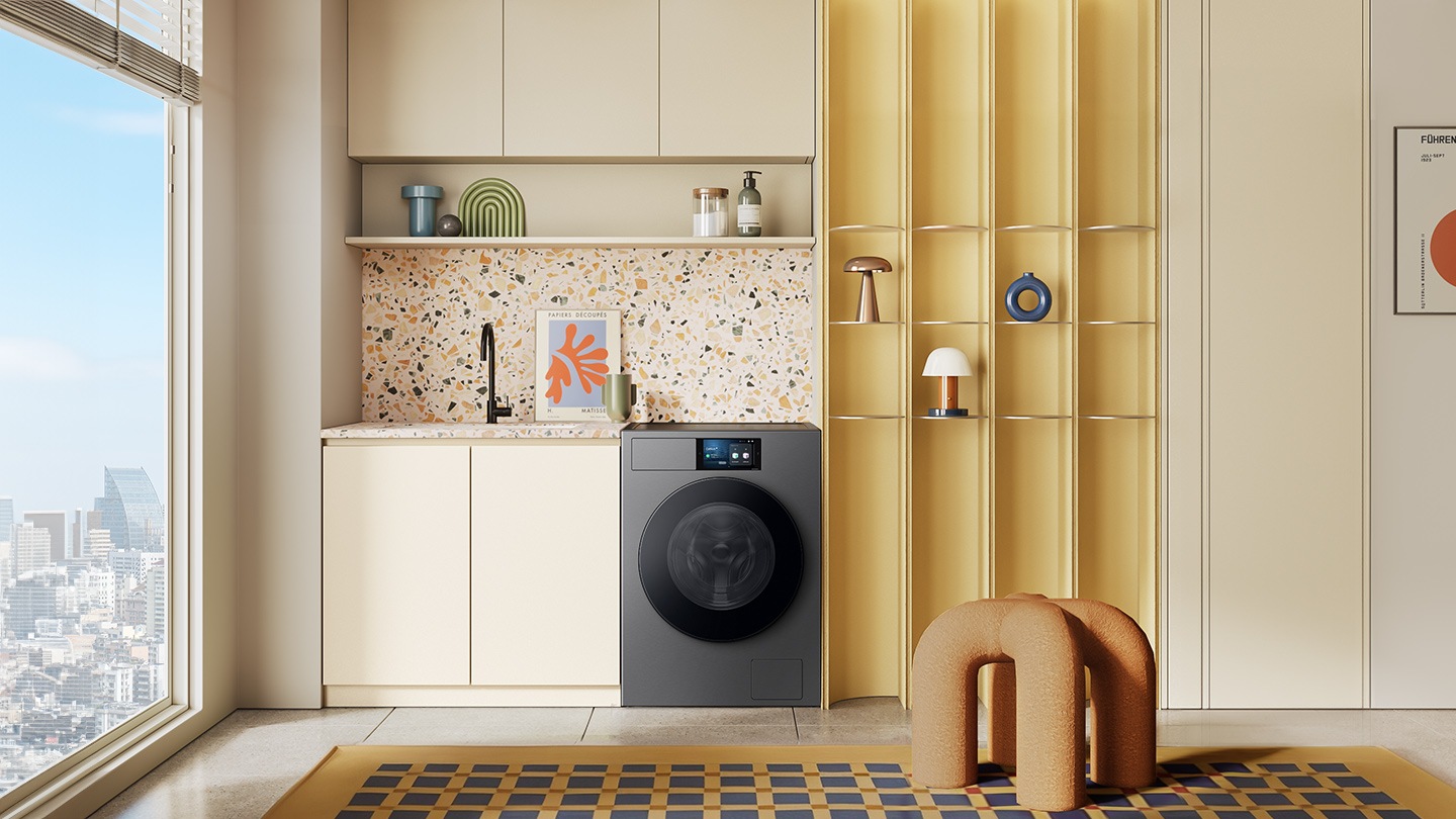 WD9400D with dryer are installed in the modern laundry room.