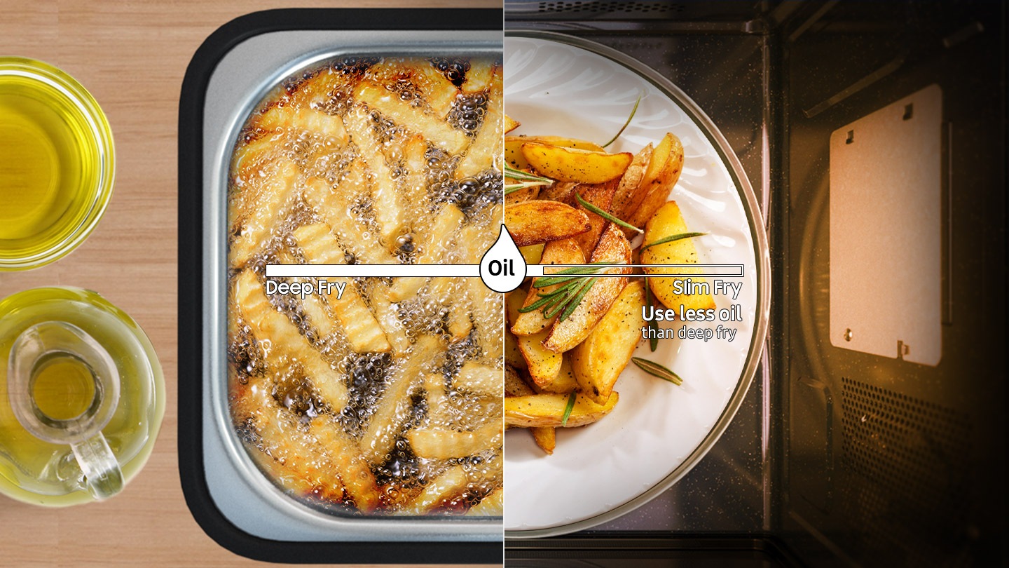 Shows potato slices being deep fried in lots of oil, next to potato slices being fried with very little oil using Slim Fry™. A bar with an 'Oil' icon compares the amount of oil used by both methods. The text says 'Use less oil than deep fry'.