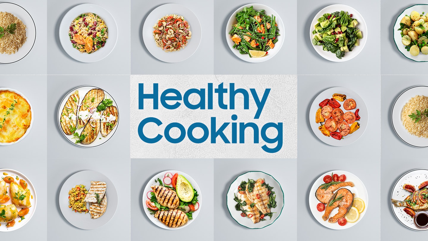 Focusing on 'Healthy Cooking', you are surrounded by a variety of healthy dishes such as salmon steak, boneless chicken, pasta dishes, eggplant/eggplant, kidney beans, peppers, potatoes, and other vegetables.