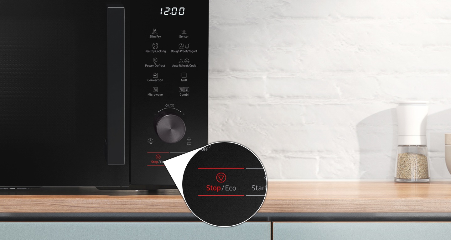 Shows the control panel of the microwave oven with the position of 'Eco Mode' button highlighted.