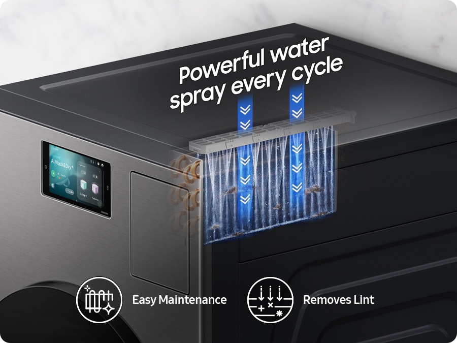 A close-up of the Laundry Combo's heat exchanger being sprayed with water by the Auto Cleaning System, removing lint and facilitating maintenance. Powerful water spray every cycle. Easy Maintenance. Removes Lint.