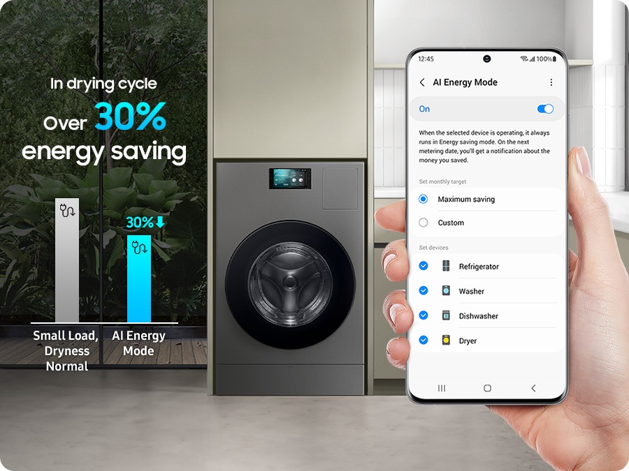 A hand holds a phone with the AI energy mode tab open from the SmartThings app on screen. The refrigerator, washing machine, dishwasher and dryer are selected from the device menu, with the monthly target set to maximum savings. AI Energy Mode achieves energy savings of 30%.