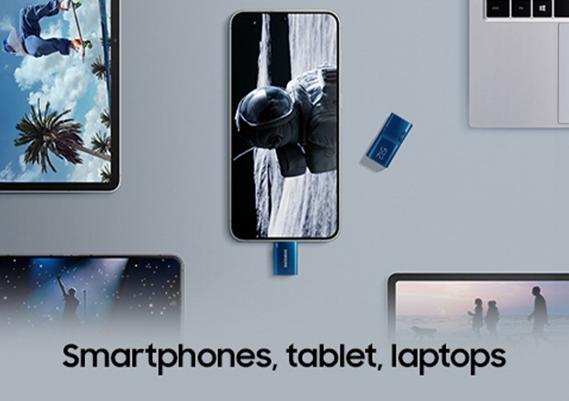 Several laptops and tablets are placed around smartphones with Type-C™ plugged in. Below it, it says 'Smartphones, tablets, laptops'.