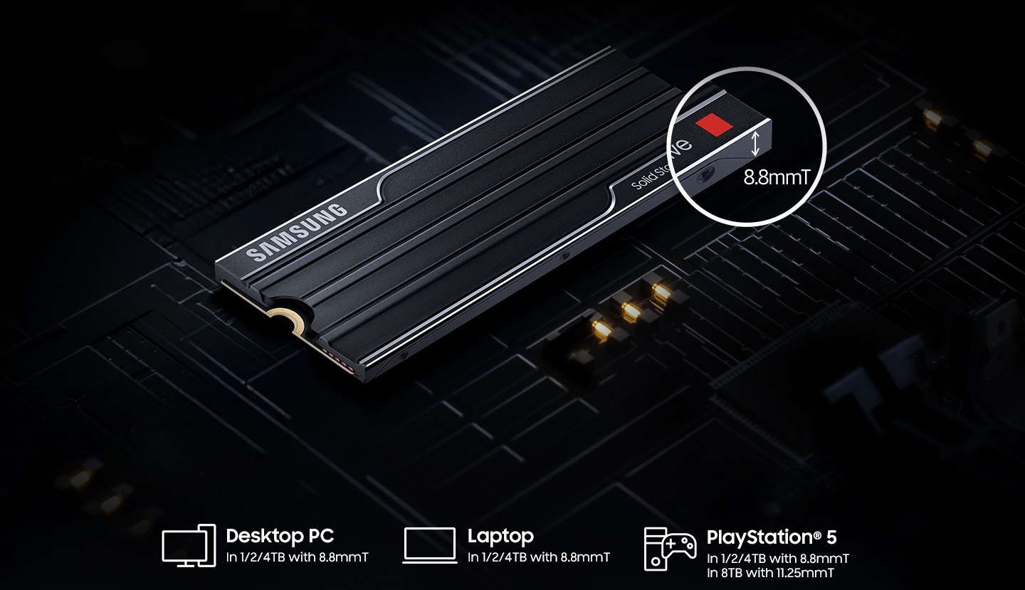 Крупный план части 9100 PRO с радиатором, показывающий его тонкость стрелками. На нём написано «8,8 мм T». Ниже находятся значки настольных ПК и текст «Настольный ПК объёмом 1/2/4 ТБ с 8,8 мм T», значки ноутбуков и текст «Ноутбук объёмом 1/2/4 ТБ с 8,8 мм T», а также значки консолей и текст «PlayStation® 5 объёмом 1/2/4 ТБ с 8,8 мм T, 8 ТБ с 11,25 мм T».