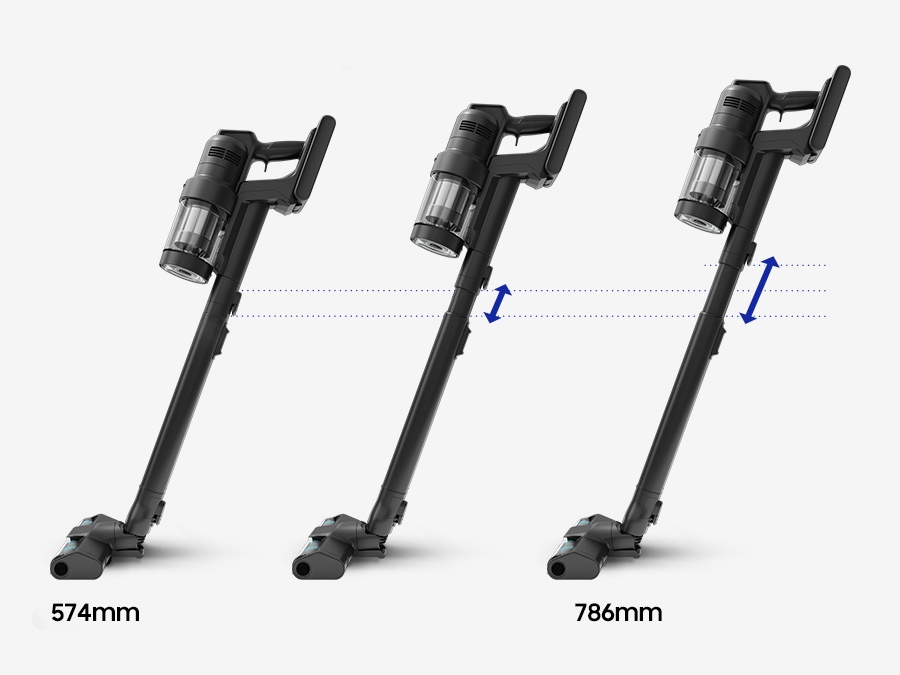 3 Bespoke AI Jet Lite stand side-by-side at different height adjustments. Arrows indicate it can be set between 574 and 786mm.