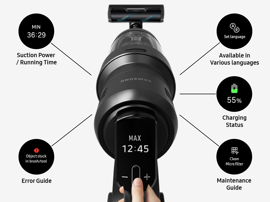 A hand holds a Bespoke AI Jet Ultra and the close-up of its LCD digital display is in the middle, surrounded by 5 different displays that could appear: Suction power/running time, Error guide, Available in various local languages, Charging status, and Maintenance guide.