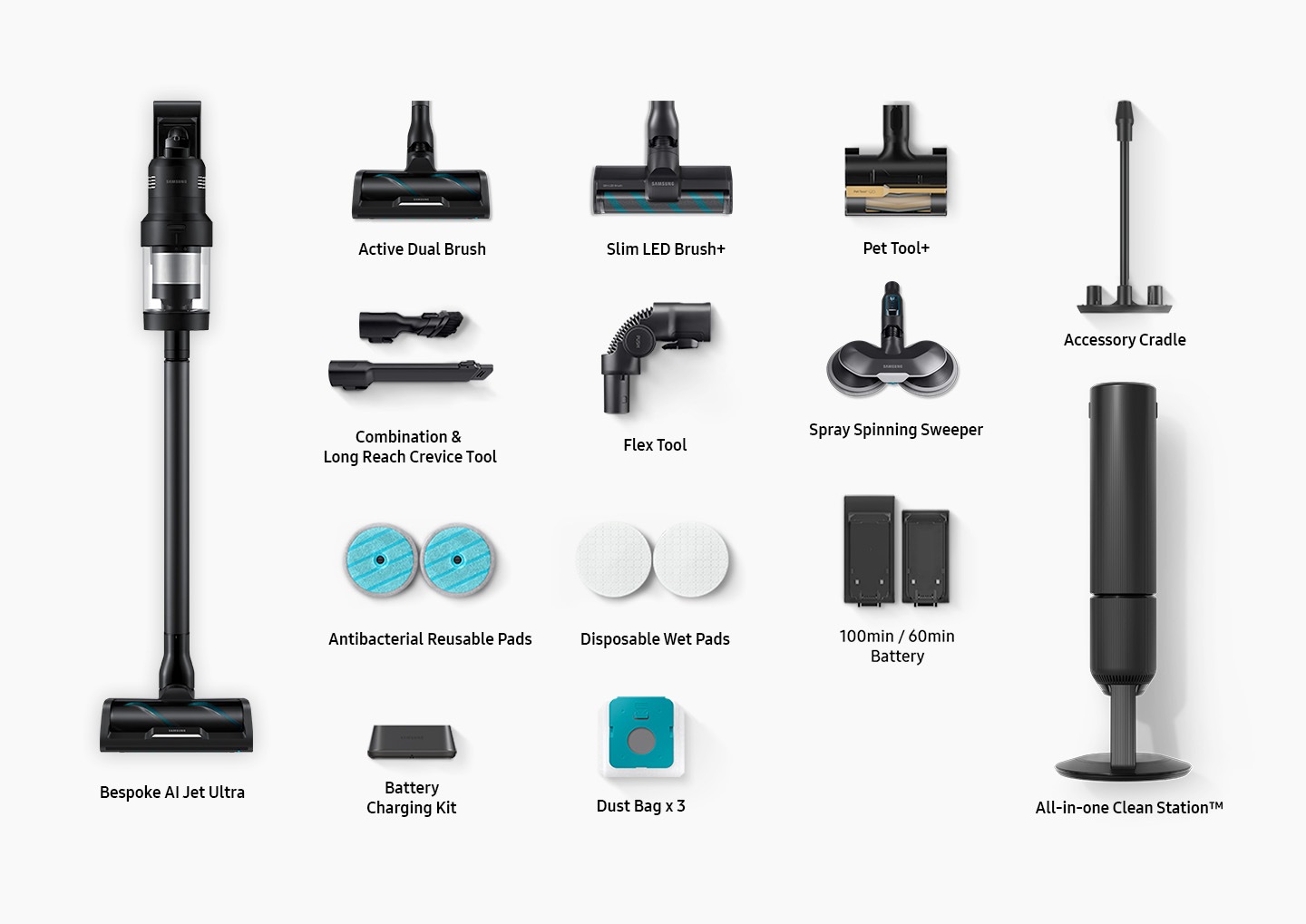 The components that come in the box include Bespoke Jet AI Ultra ELITE EXTRA, Active Dual Brush, Slim LED Brush+, Pet Tool+, Combiniation & Long Reach Crevice Tool, Flex Tool, Spray Spinning sweeper, Antibacterial Reusable Pads, Disposable Wet Pads, 100min / 60min Battery, Battery charging kit, Dust bag x 3, Accessory Cradle, All-in-one Clean Station.