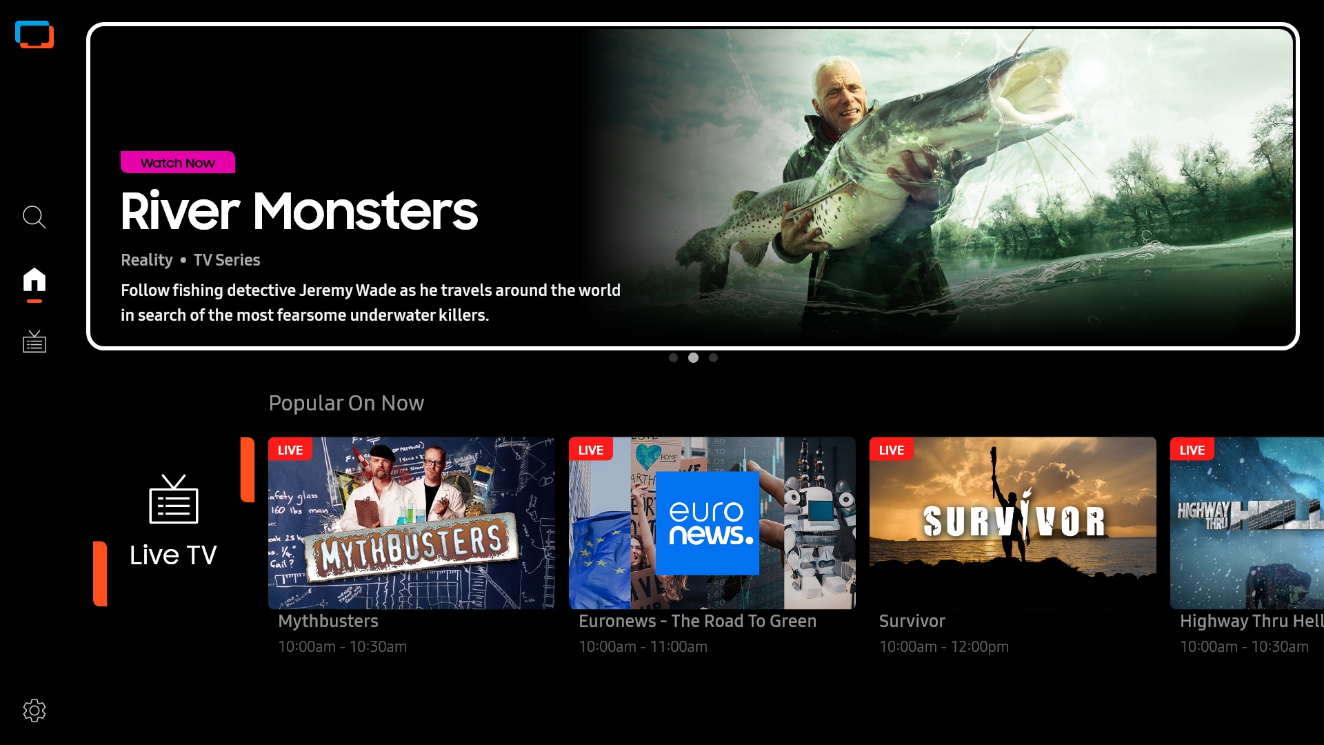 TV in a living room shows Samsung TV Plus home screen and the diverse TV channels available with it.