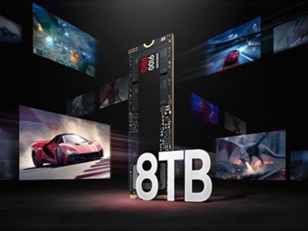 На экране показаны различные игровые экраны, в центре которых находится 9100 PRO, а также указано «8 ТБ».