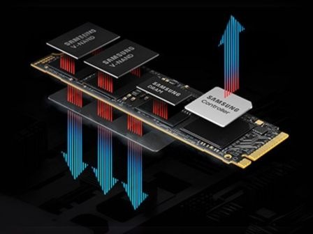 Видны детали компонентов 9100 PRO. На двух компонентах написано «SAMSUNG V-NAND», а на двух — «SAMSUNG DRAM» и «SAMSUNG Controller». Вокруг них видна стрелка, указывающая направление отвода тепла.