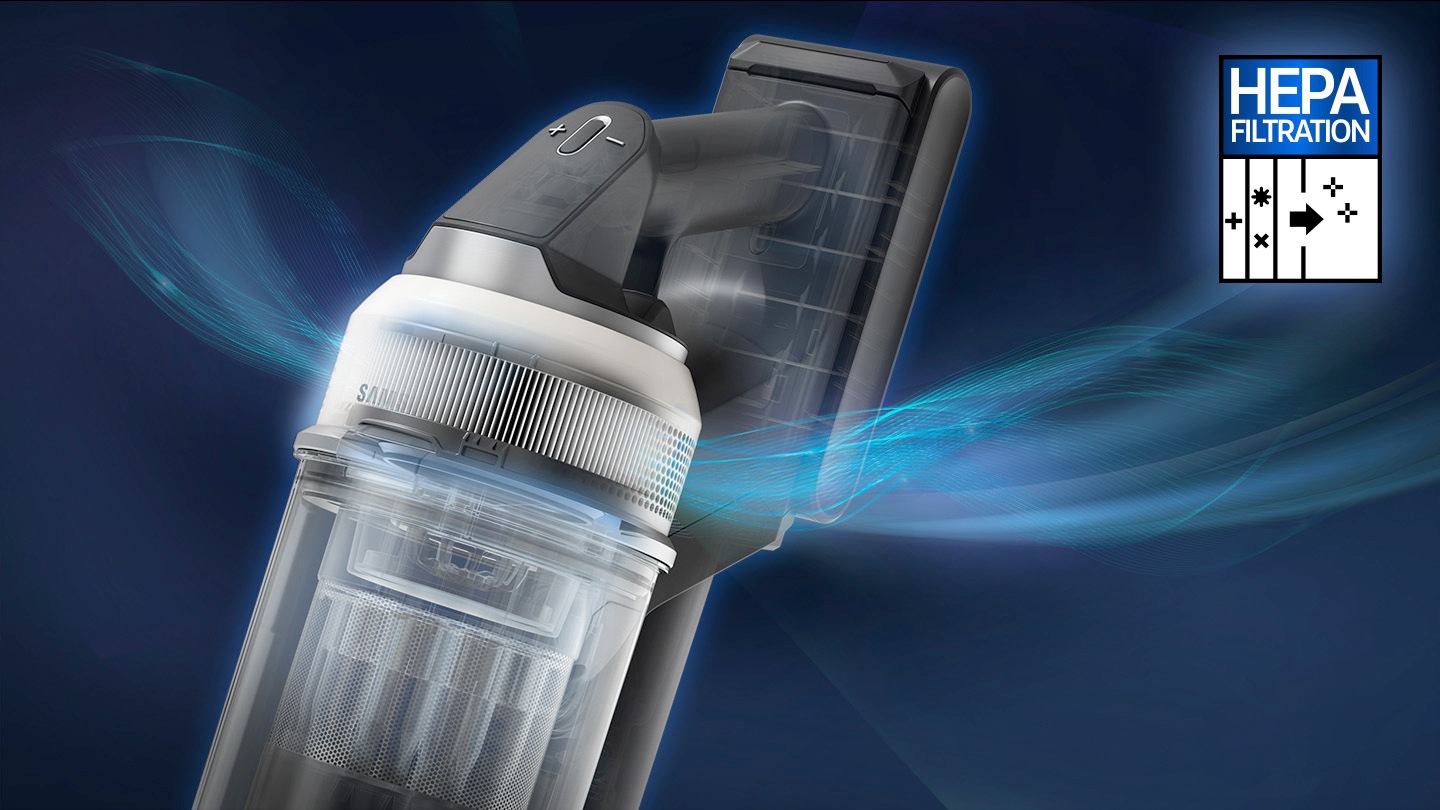 Showing the filter section of a vacuum cleaner equipped with a HEPA filter. It has a transparent dust container and white filter, with blue graphic effects representing clean airflow contrasting against the dark background. A HEPA filtration icon is placed in the upper right corner.